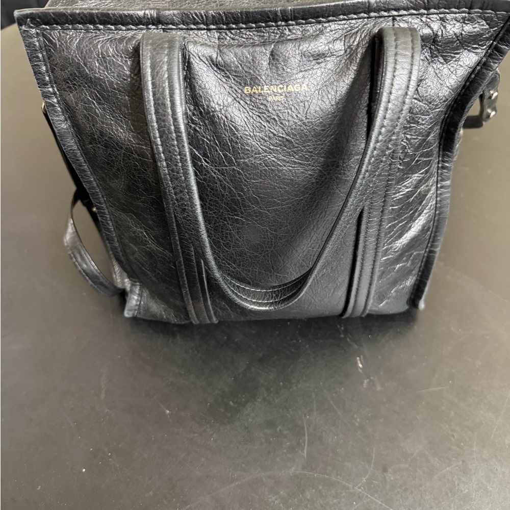 Balenciaga Black Leather Shopper Tote with Gold Logo